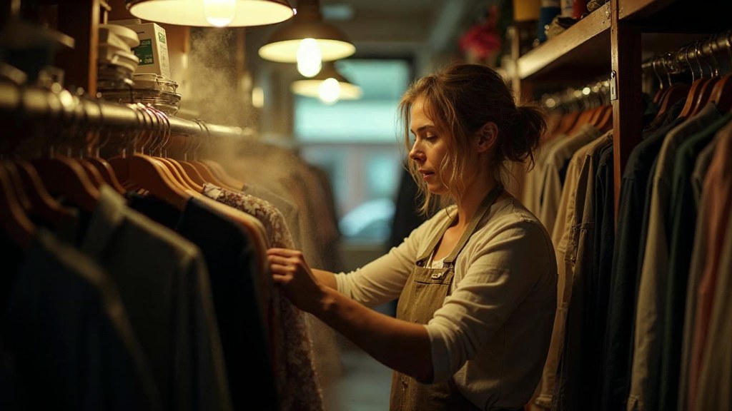 A boutique owner steaming garments in a narrow shop stockroom at opening time, photographed in Reno