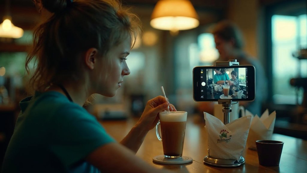 A young cafe worker filming a drink being poured on a phone propped against a napkin holder, photographed in Reno