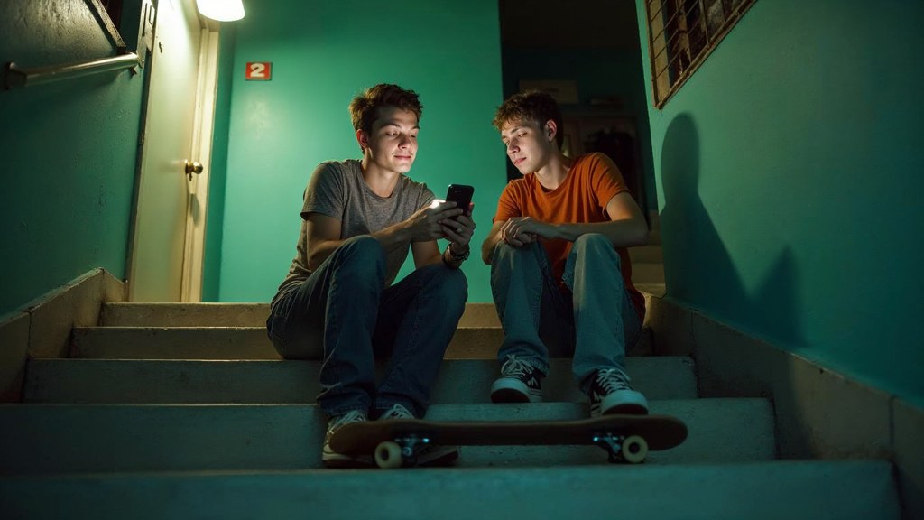 Two teenagers on skateboards looking at a phone on a set of concrete steps, photographed in Reno