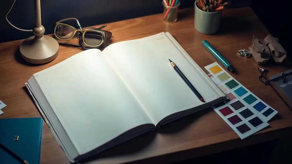 An open blank hardcover brand manual lying on a dark walnut desk beside colour swatch cards and a pencil under soft warm side light, no people, no text, no signage