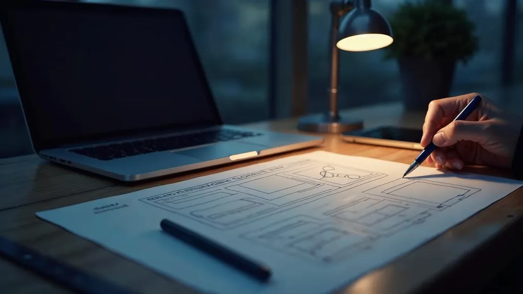 A clean desk at dusk with a closed laptop, a paper wireframe sketch of a blank web page layout, a ruler and a pen under soft warm side light, no people, no text, no signage