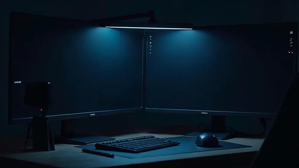 A designer's dark desk at night with a graphics tablet, a stylus and two blank unlit monitors reflecting soft cool rim light, no people, no text, no signage