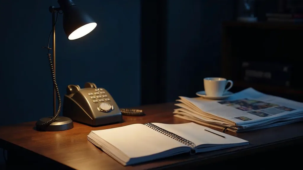 A journalist's desk at dusk with a closed notebook, a landline handset, a coffee cup and a stack of blank unmarked newsprint under soft warm side light, no people, no text, no signage