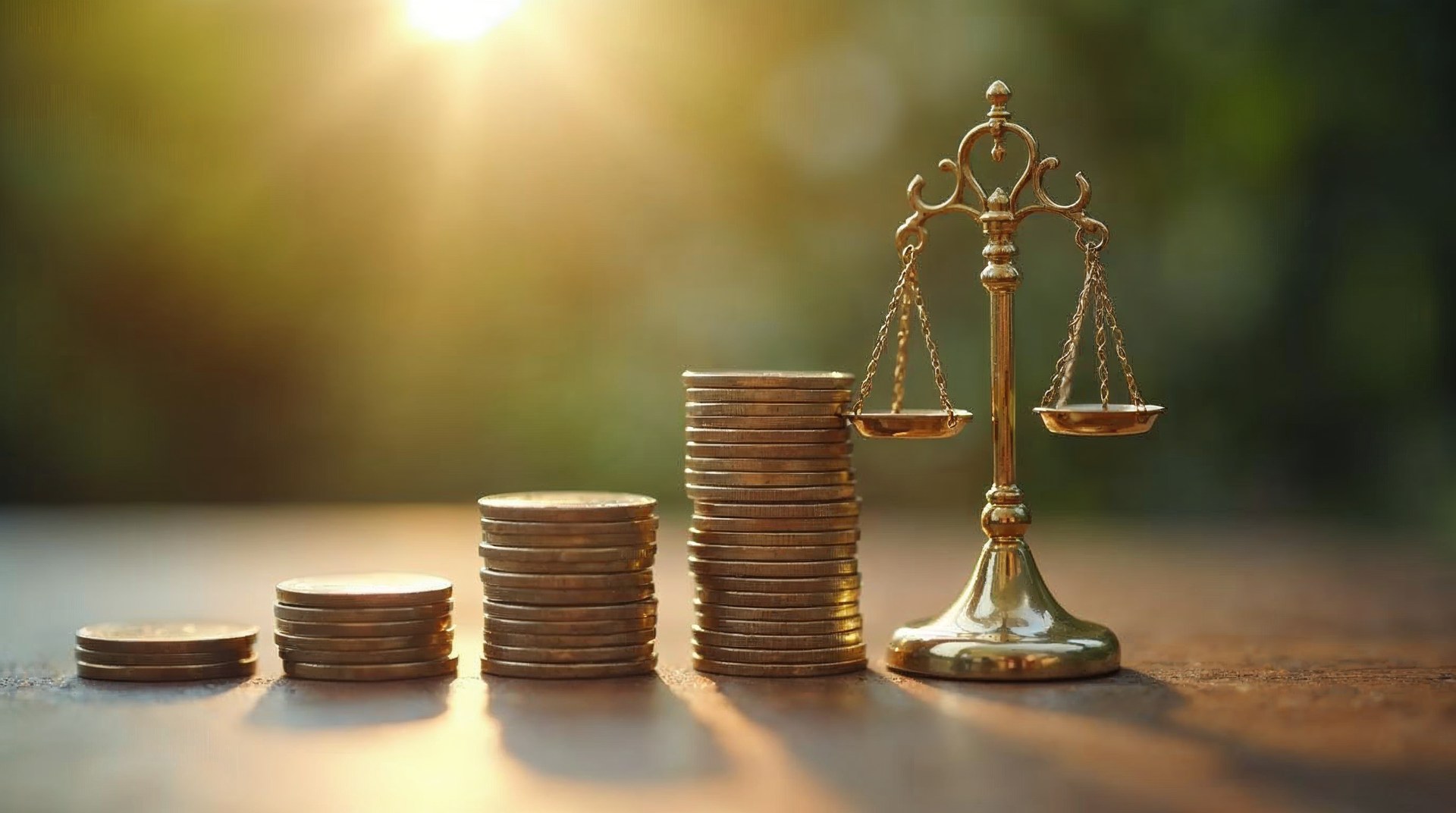 Coins stacked in three rising columns beside a small brass balance scale