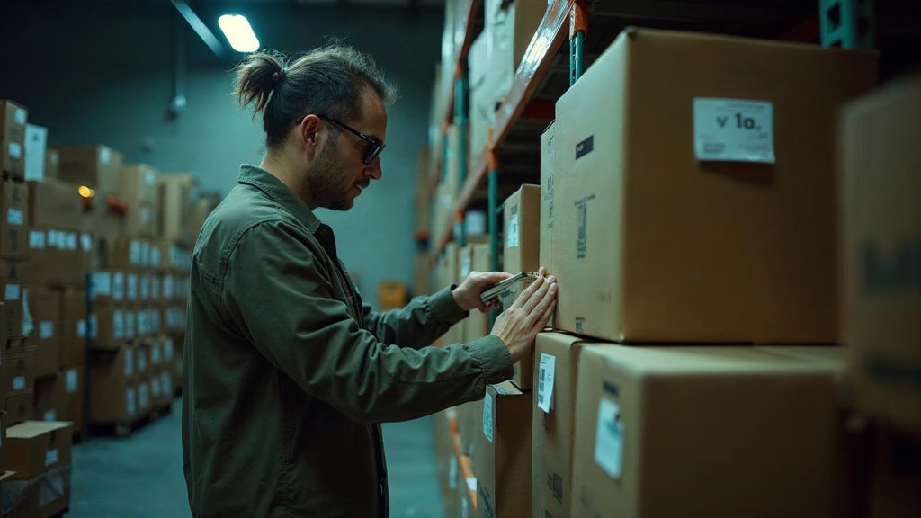 A seller checking barcodes on stacked cartons in a garage stockroom, photographed in Reno