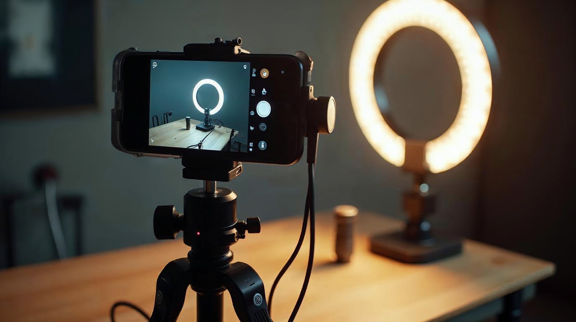 Phone on a tripod filming a tabletop product set with a ring light off frame