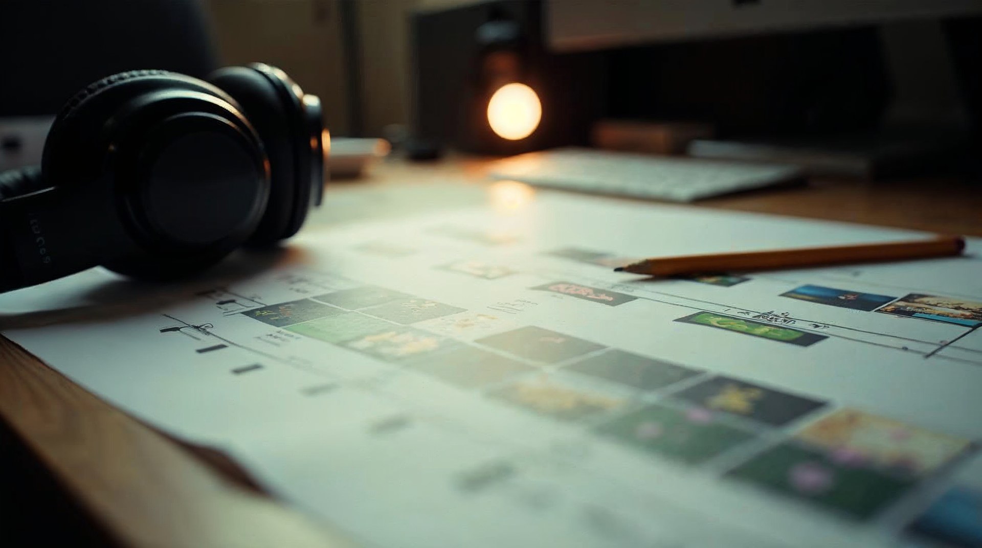 Printed video editing timeline marked with a grease pencil beside headphones