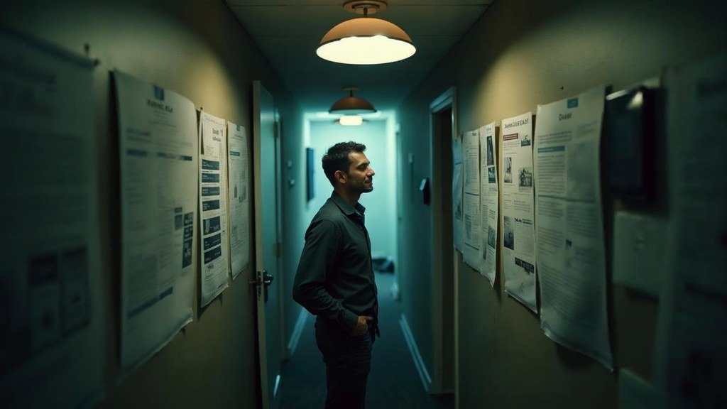 A media planner standing at a wall of printed layouts in a narrow agency corridor, photographed in Reno