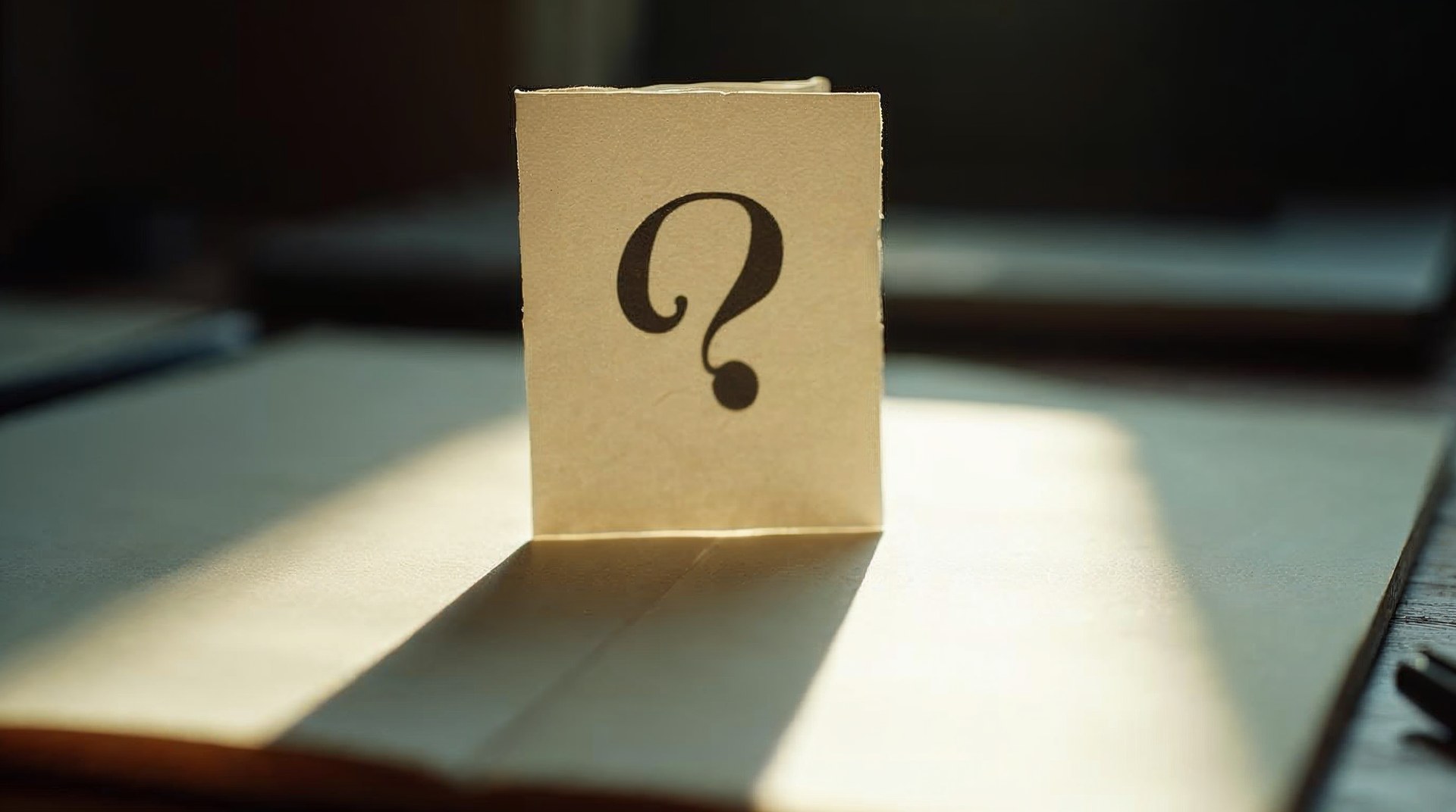 Paper quotation mark standing upright casting a long shadow on a desk