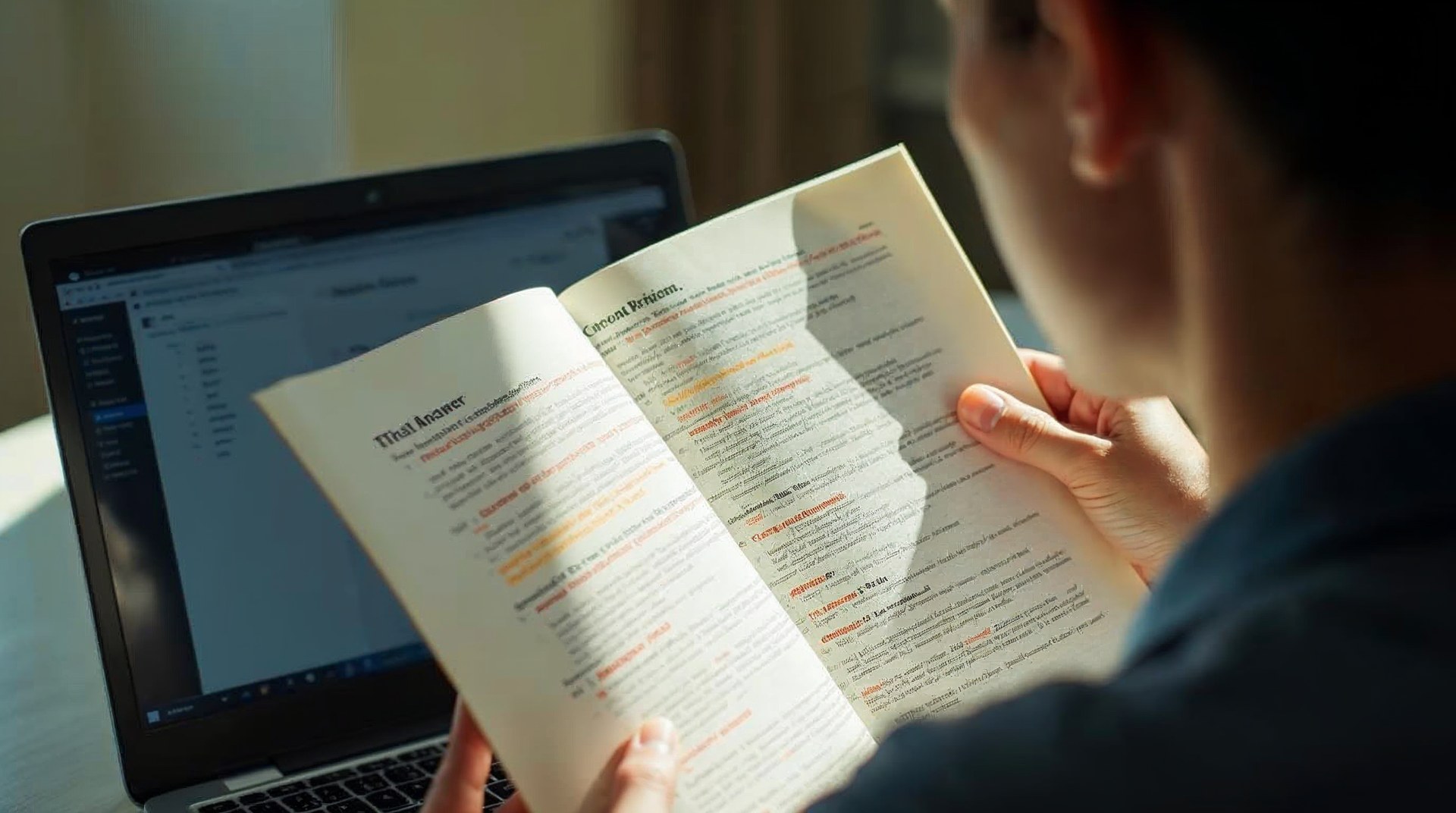 Printed answer document with passages underlined in orange beside a closed laptop