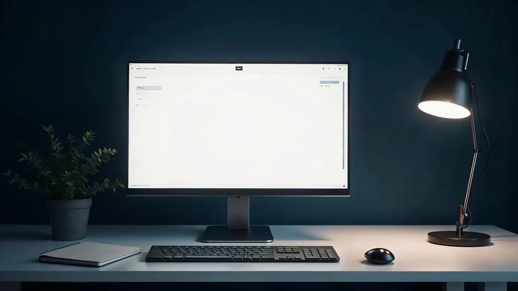 A tidy developer desk in soft daylight with a blank unlit monitor, a refreshable braille display, a keyboard and a closed notebook, no people, no text, no signage