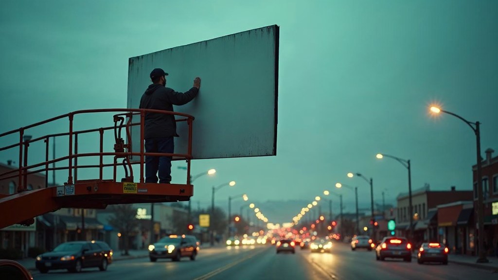 A crew member on a lift installing a blank billboard panel above a busy street, photographed in Reno