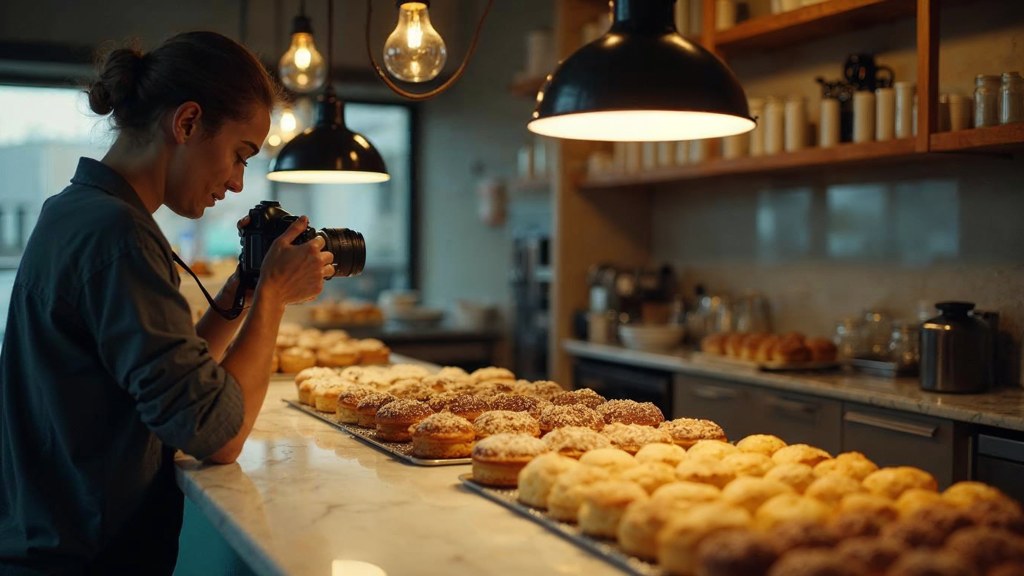 A bakery owner photographing a tray of pastries on a marble counter at dawn, photographed in Reno