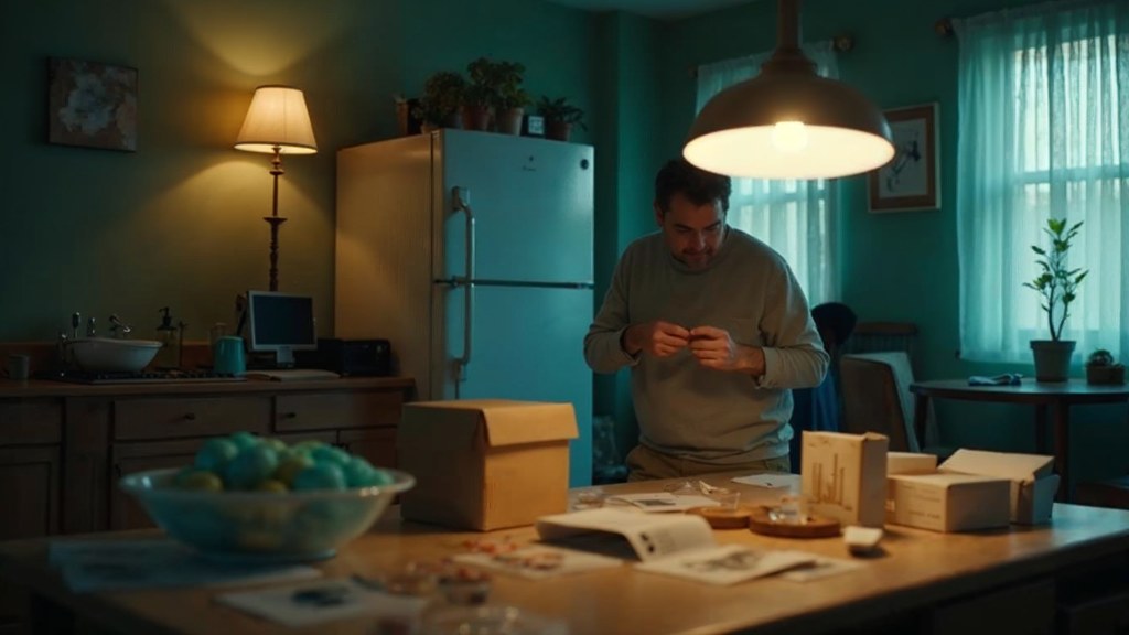 A customer filming an unboxing on a kitchen table strewn with packaging, photographed in Reno
