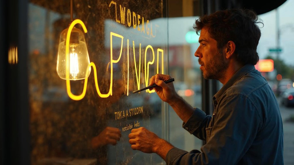 A sign painter finishing gold lettering on a shopfront window from the street side, photographed in Reno