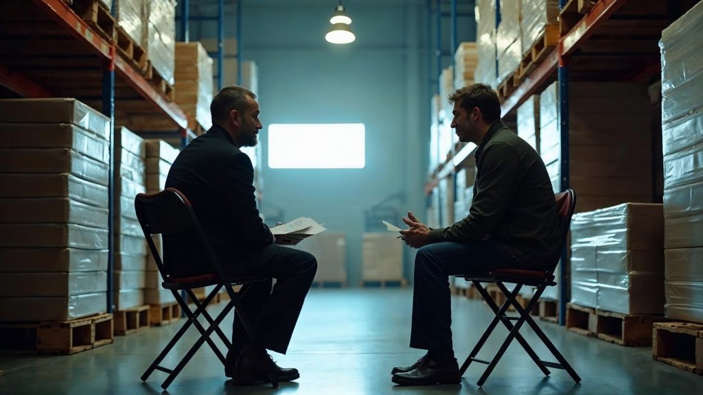 A warehouse supervisor interviewing a candidate on folding chairs beside stacked pallets, photographed in Reno