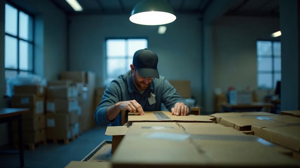 A warehouse worker taping shipping boxes under strip lighting in a small fulfilment room, photographed in Reno