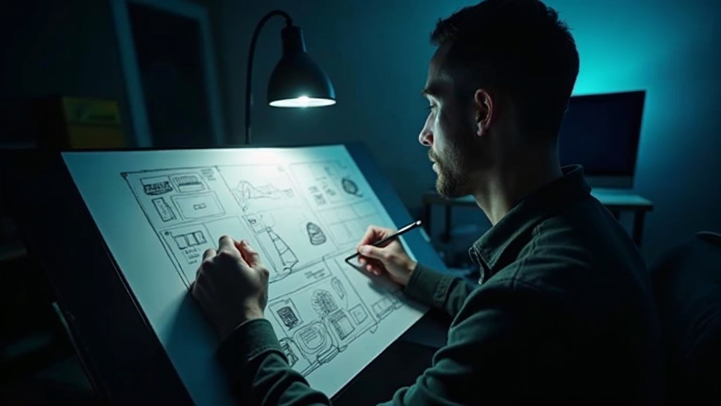 A studio designer sketching a page layout on paper beside a monitor in a dim room, photographed in Reno