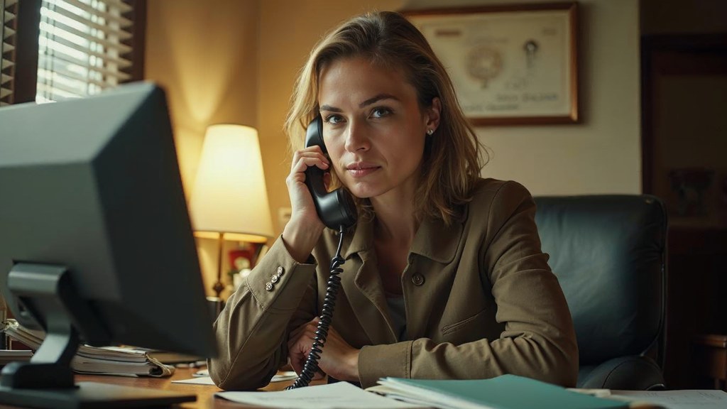 An office manager at a cluttered desk with a landline handset tucked under one ear, photographed in Reno