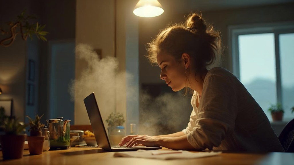 A service-business owner at a kitchen table typing a question into a laptop while a kettle steams behind, photographed in Reno