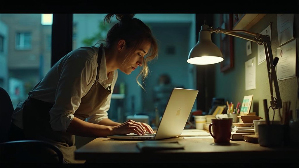 A small-business owner in an apron leaning over a laptop on a cluttered back-office desk late in the day, photographed in Richmond