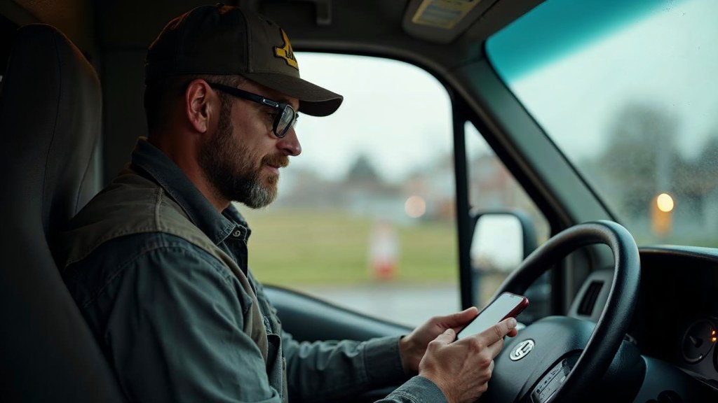 A contractor sitting in the cab of a work van reviewing a phone before driving off, photographed in Richmond