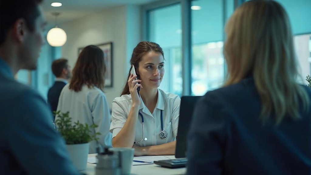 A clinic receptionist taking a phone call at a busy front desk with patients waiting, photographed in Richmond