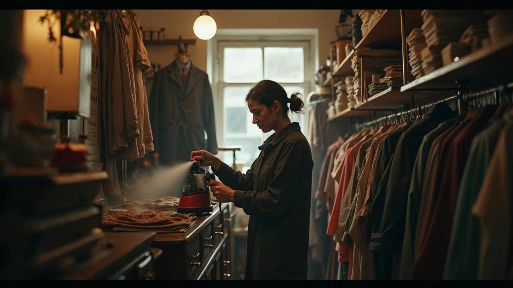 A boutique owner steaming garments in a narrow shop stockroom at opening time, photographed in Richmond