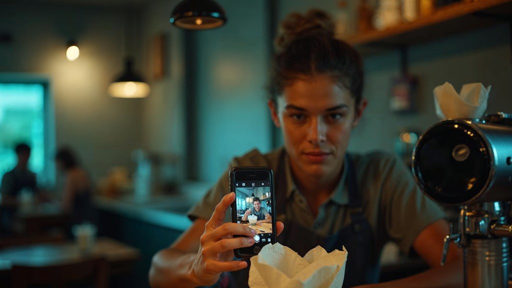A young cafe worker filming a drink being poured on a phone propped against a napkin holder, photographed in Richmond