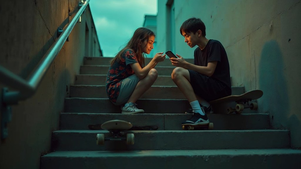 Two teenagers on skateboards looking at a phone on a set of concrete steps, photographed in Richmond