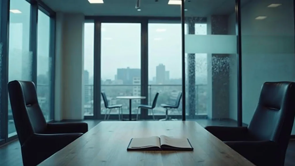 An empty modern interview room in soft daylight with two chairs, a bare table, a closed notebook and a glass wall, deep navy tones, no people, no text, no signage