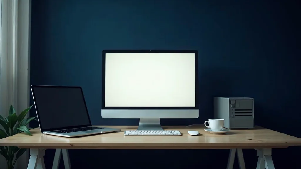 A tidy analytics desk in soft daylight with a blank unlit monitor, a closed laptop, a coffee cup and a small server unit on a deep navy background, no people, no text, no signage
