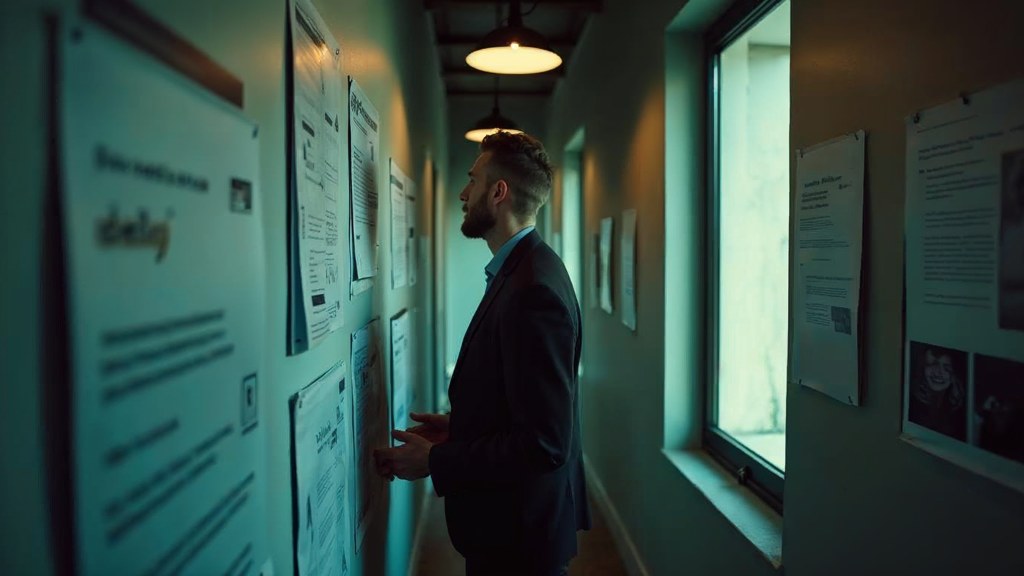 A media planner standing at a wall of printed layouts in a narrow agency corridor, photographed in Richmond