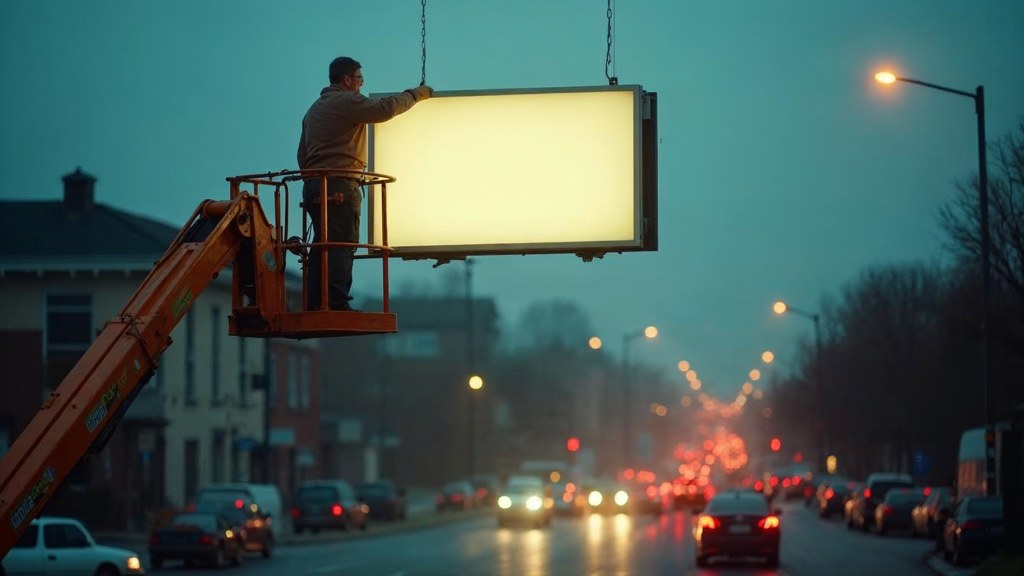 A crew member on a lift installing a blank billboard panel above a busy street, photographed in Richmond