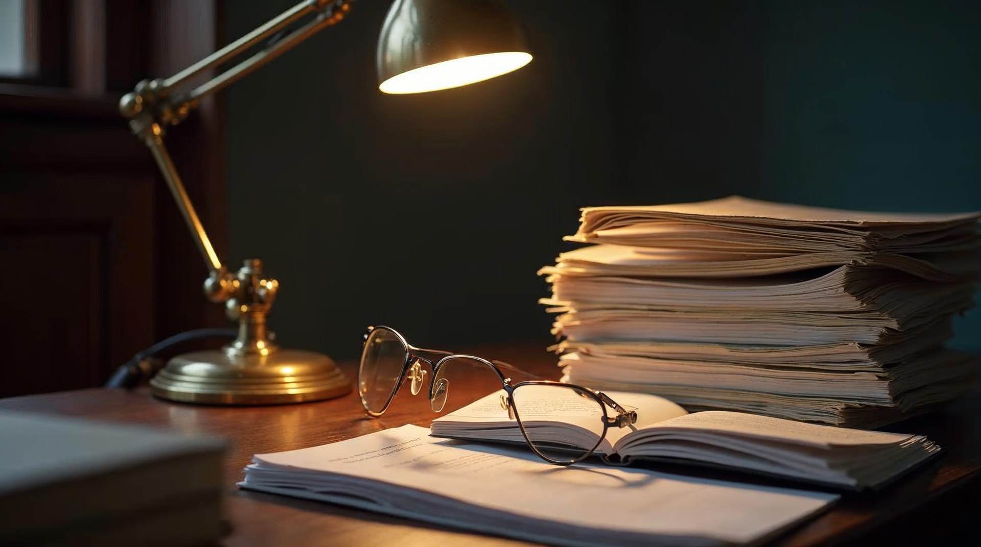 Stack of stapled court filings with reading glasses on a law office desk