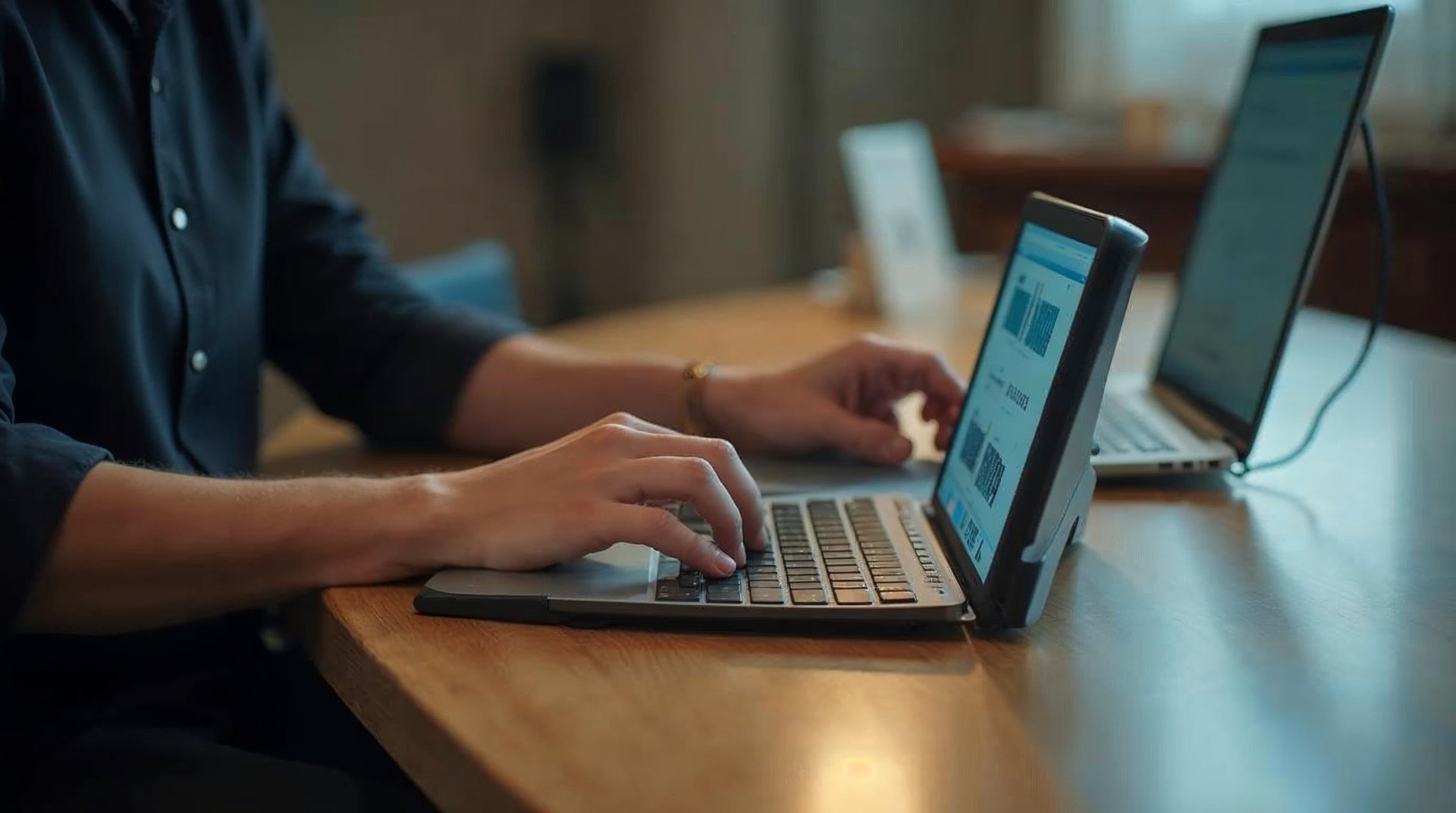 Hands reading a refreshable braille display beside an open laptop on a desk