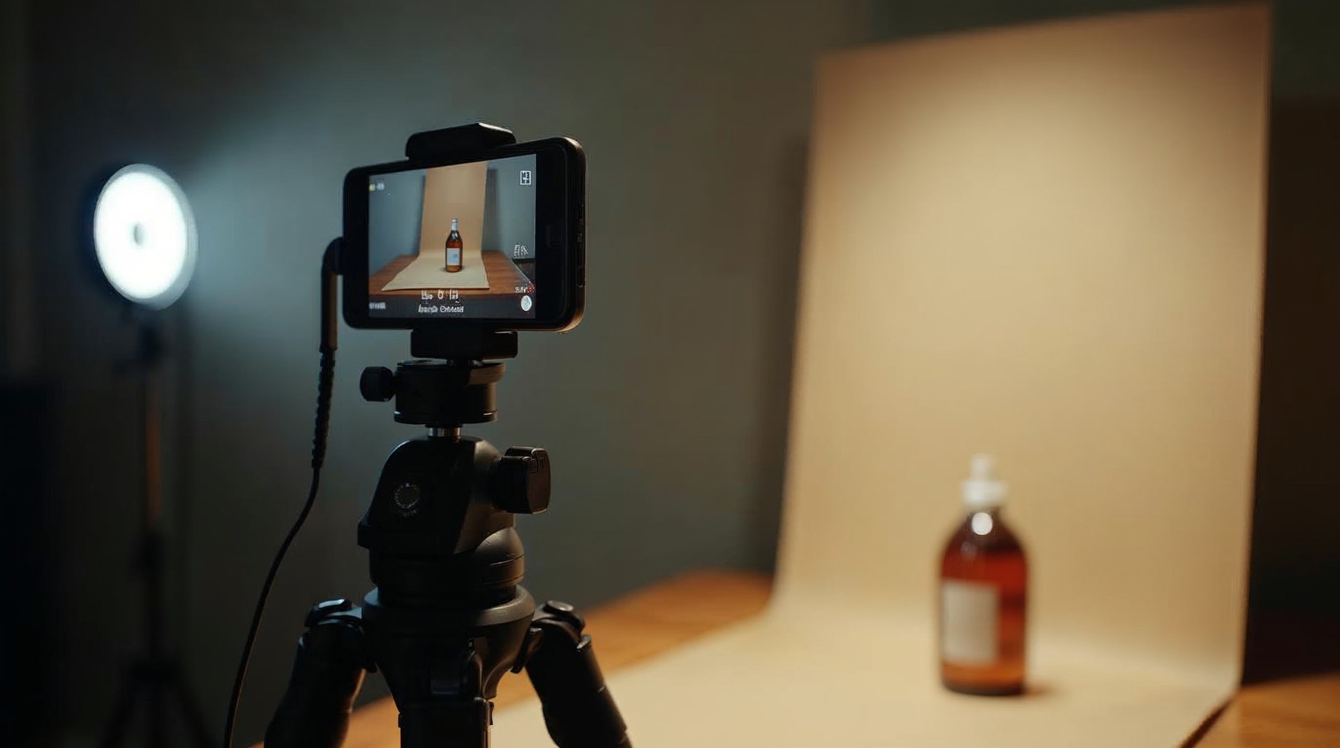 Phone on a tripod with a ring light filming a product bottle on a paper backdrop