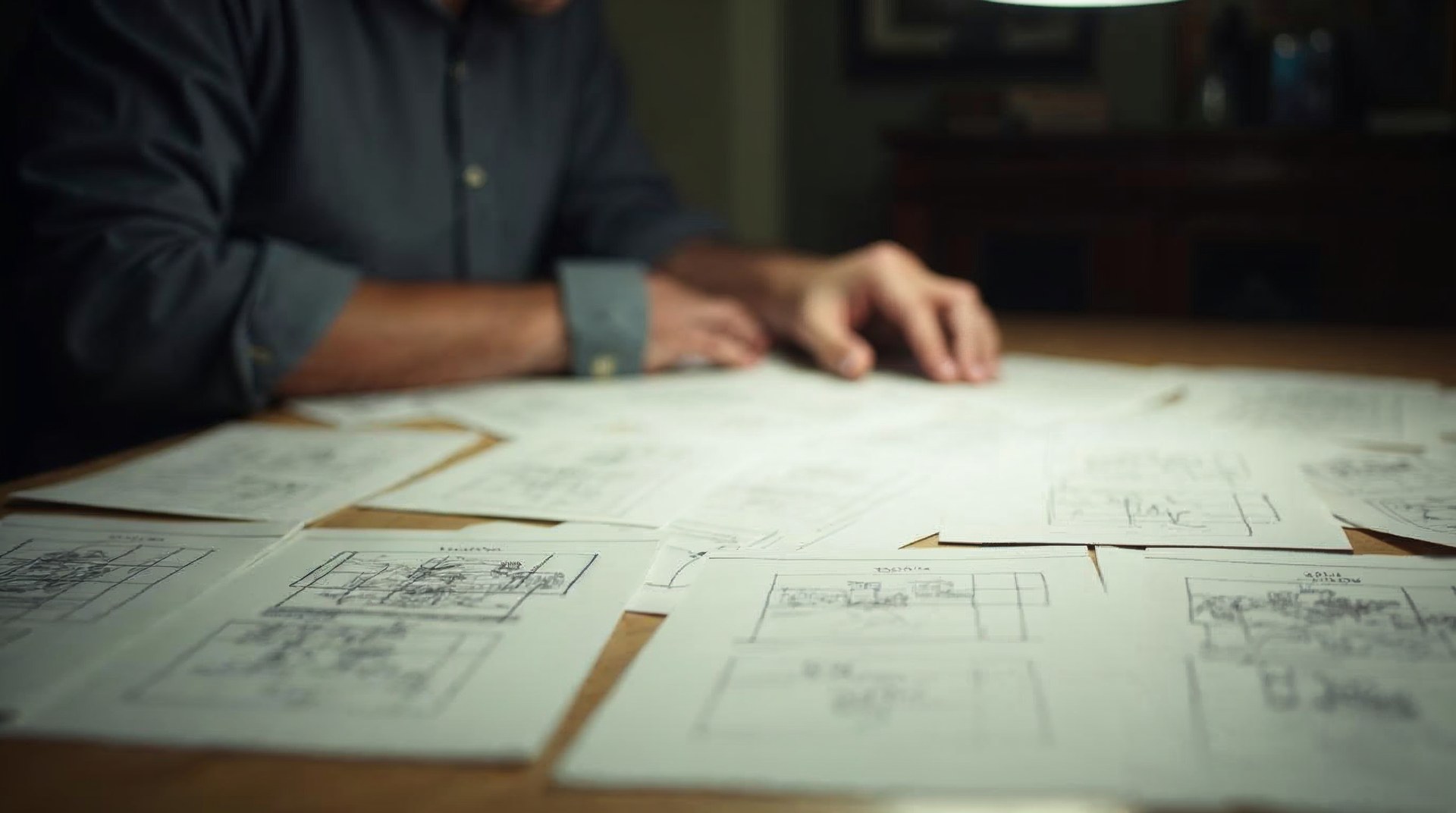 Marker storyboard sketched on index cards spread across a studio table