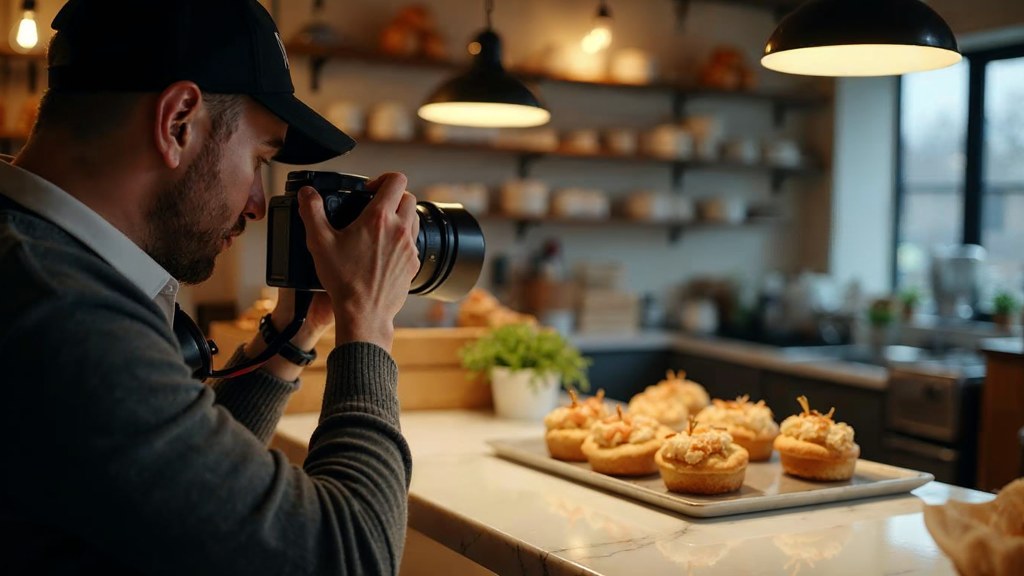 A bakery owner photographing a tray of pastries on a marble counter at dawn, photographed in Richmond