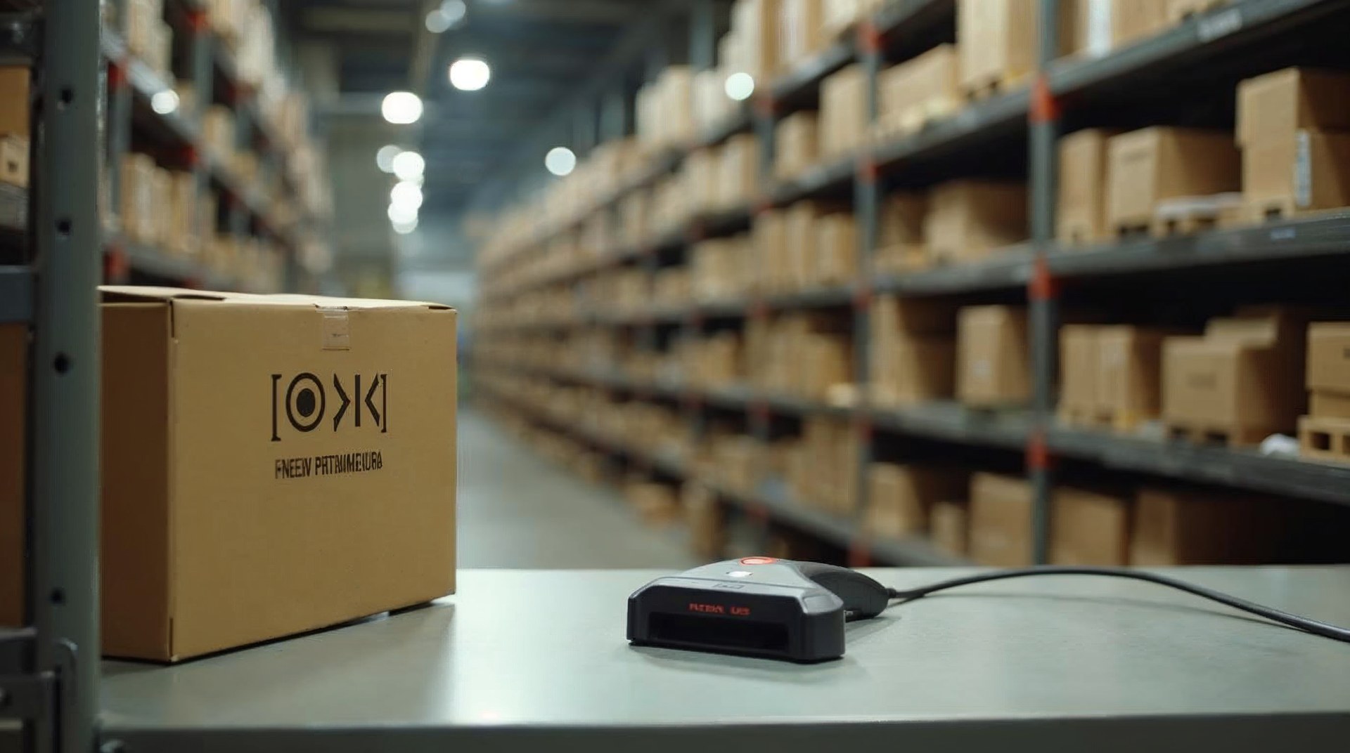 Barcode scanner resting on a packing bench in front of plain cardboard shelving