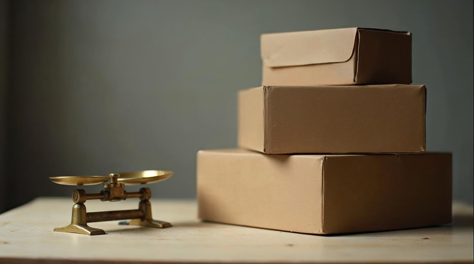 Three rising stacks of plain shipping cartons beside a small brass balance scale