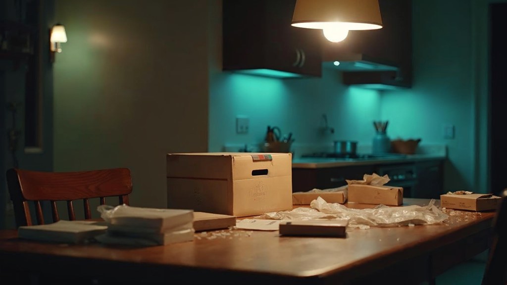 A customer filming an unboxing on a kitchen table strewn with packaging, photographed in Richmond