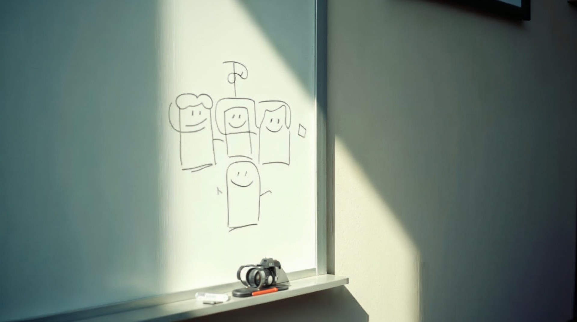 Whiteboard with a hand-drawn attribution diagram and a marker on the ledge