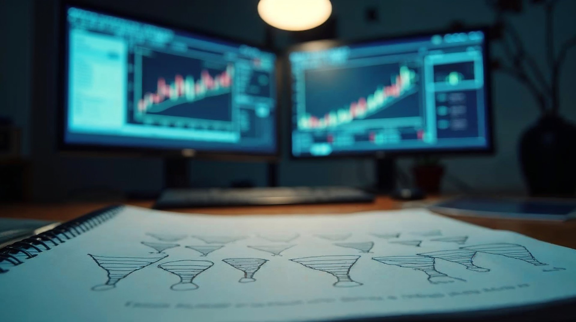Analyst desk with two monitors of charts and a notebook of hand-drawn funnels