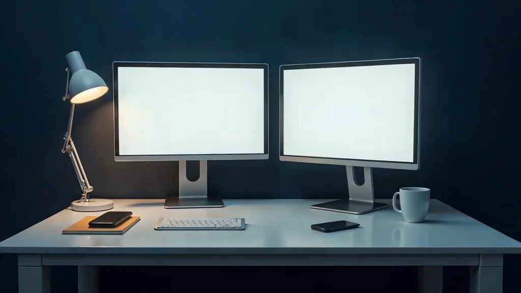 A modern desk in soft daylight with two blank unlit monitors, a smartphone face down, a notebook and a coffee cup, no people, no text, no signage