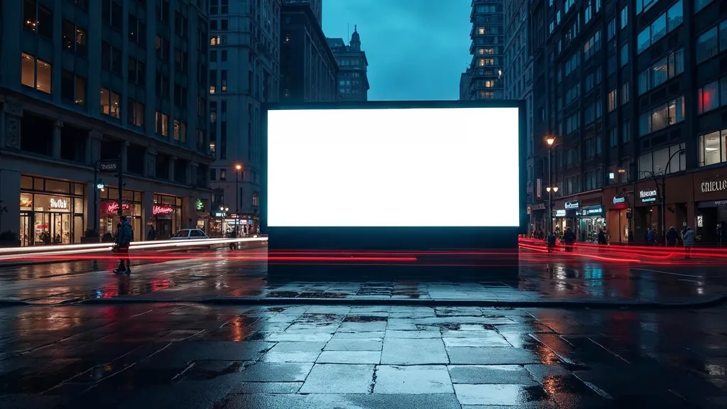 A large blank unlit digital advertising screen on a city street at dusk with wet pavement reflections and car light trails, no people, no text, no signage