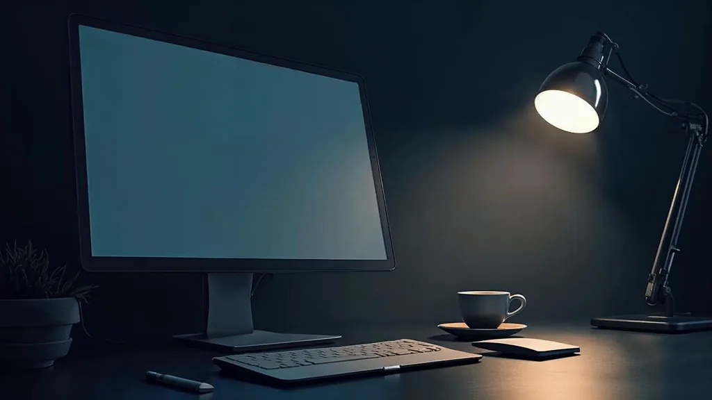 A closed laptop beside a blank unlit external monitor on a dark slate desk in cool morning light with a coffee cup and a pen, no people, no text, no signage