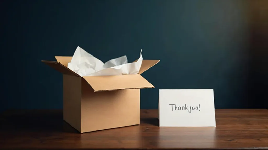 An open cardboard shipping box with tissue paper, a plain unbranded product carton and a blank thank-you card on a dark wood table in soft warm daylight, no people, no text, no signage