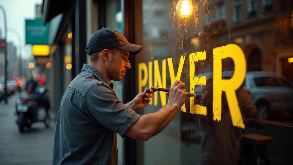 A sign painter finishing gold lettering on a shopfront window from the street side, photographed in Richmond