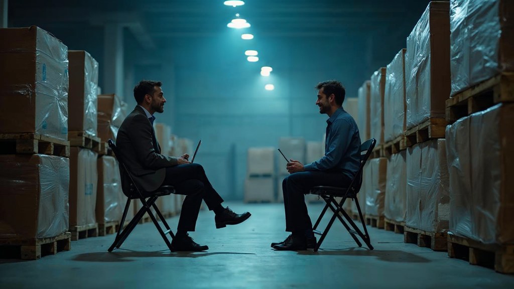 A warehouse supervisor interviewing a candidate on folding chairs beside stacked pallets, photographed in Richmond